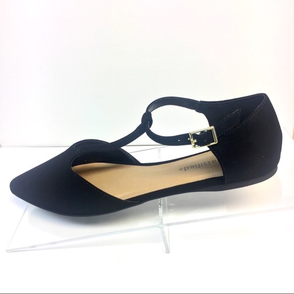 Last 2! Black T-Strap Flats Faux Suede Pointed Toe - Picture 2 of 8